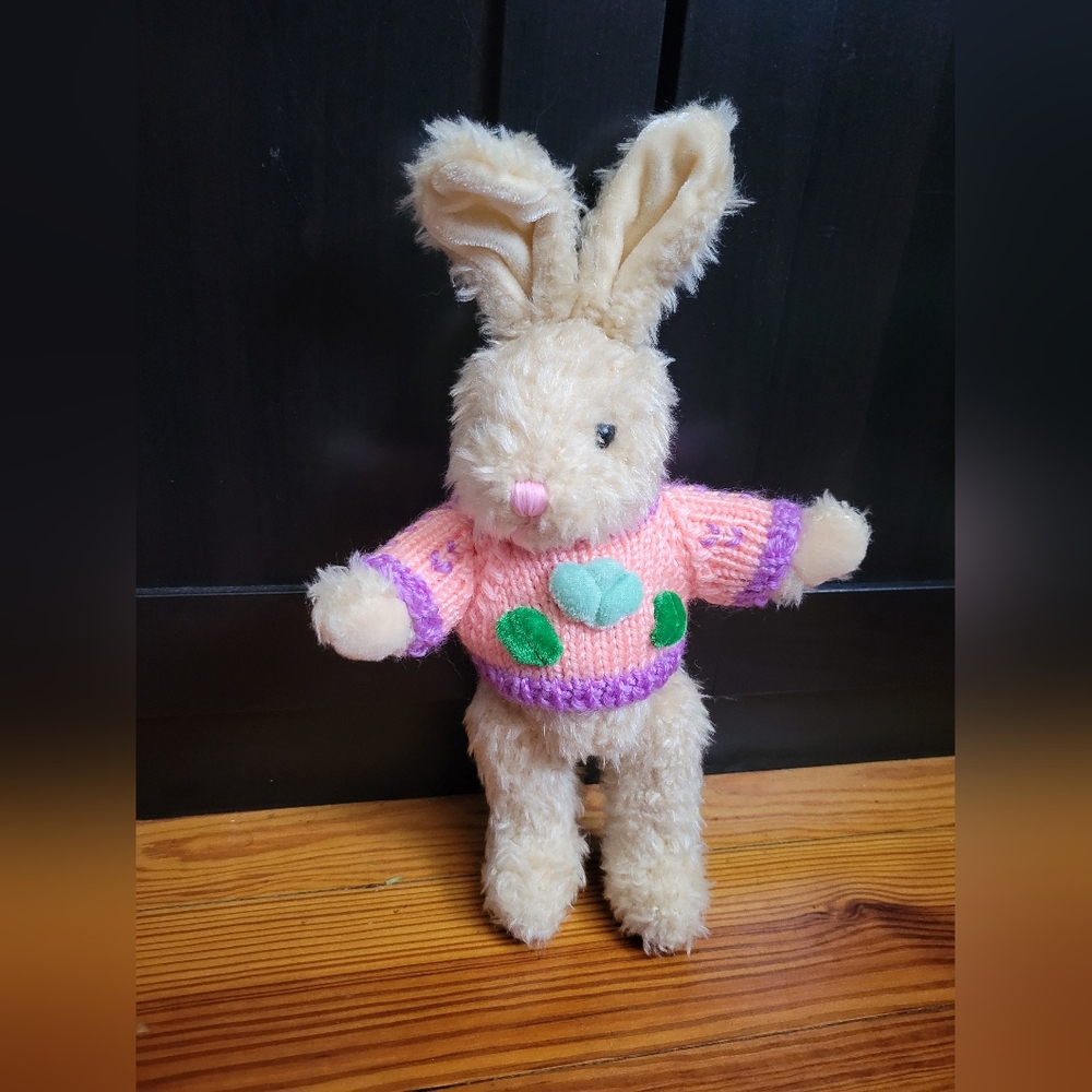 Vintage 1988 Chrisha Playful Plush Posable Bunny with Pink and Purple Sweater